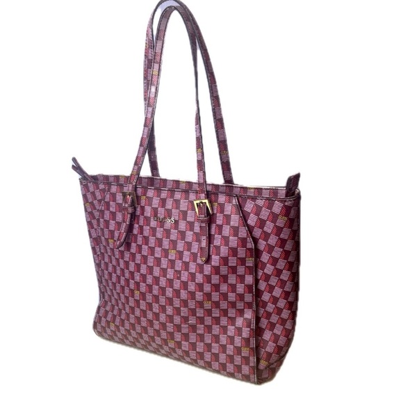GUESS Burgundy Checkered Tote Bag - Picture 1 of 16